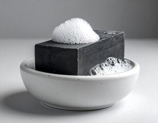 Activated charcoal soap bar with foam in a dish, luxurious cleansing concept