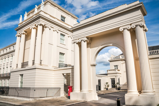 London, Outer circle street in Regent Park and beautiful town house of early 19th century