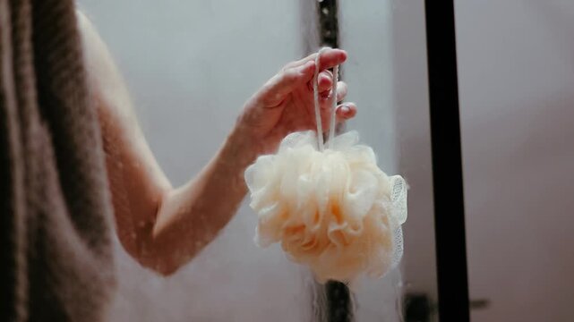 Person holding a loofah in a steamy shower, close-up shot. A person's arm and hand are visible as they hold a loofah in a shower, creating a relaxing scene. A woman taking a bath. Modern interior. 