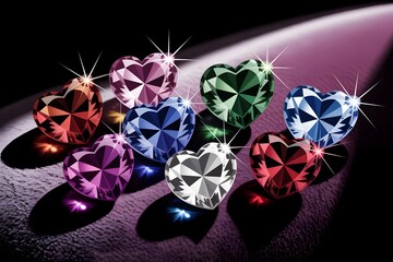 Assortment of sparkling heart-shaped gemstones in vibrant colors displayed artfully