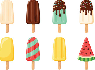 Colorful vector collection of eight different frozen treats, including chocolate-dipped popsicles, sprinkled ice cream bars, and a refreshing watermelon slice on sticks