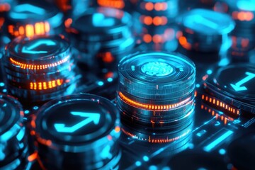 Glowing cryptocurrency coin symbolizing digital wealth blockchain innovation finance investment.