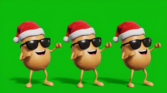 Cartoon Potatoes Wearing Santa Hats Dancing on Green Screen - Three cartoon potato characters wearing santa hats and sunglasses dance a silly jig against a green screen background.