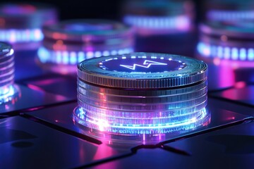 Glowing cryptocurrency coin symbolizing digital wealth blockchain innovation finance investment.