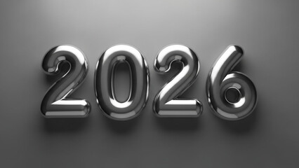 Shiny chrome numbers spelling out the year 2026 on a gray background