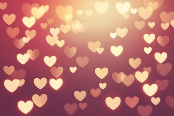 Soft heart bokeh lights on a romantic pink and gold blurred background