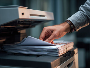 An individual loads a pile of papers into the tray of an office scanner. Someone utilizes a contemporary photocopying device for paperwork tasks. An indoor business chore involving technical devices