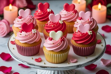 Valentine's day cupcakes decorated with hearts and frosting on a pedestal.