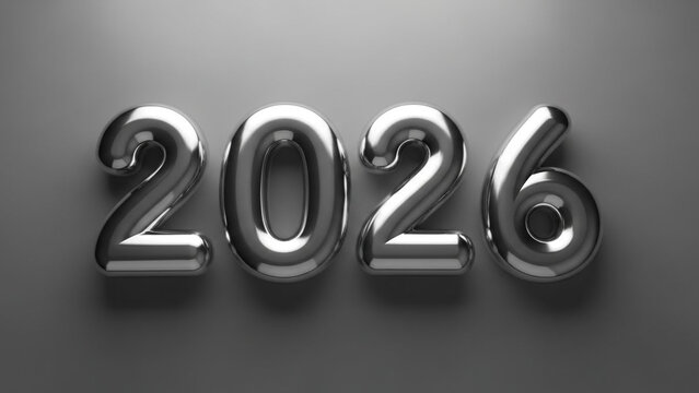 Shiny chrome numbers spelling out the year 2026 on a gray background - Powered by Adobe