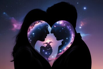 Couple's silhouette heart with galaxy nebula and starry sky background