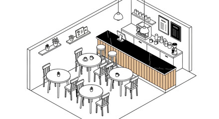 Naklejka premium Isometric view of a modern coffee shop interior with tables and counter