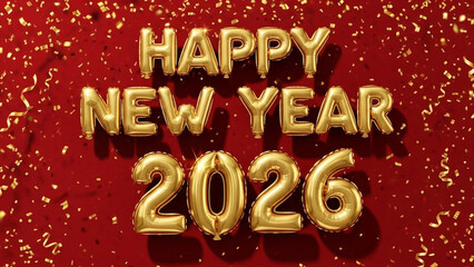Golden balloons spell happy new year 2026 on red glitter background