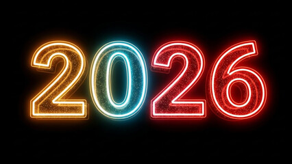 Bright neon numbers twenty twenty six glowing in the dark