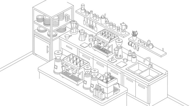 Isometric view of coffee shop bar counter with equipment and supplies
