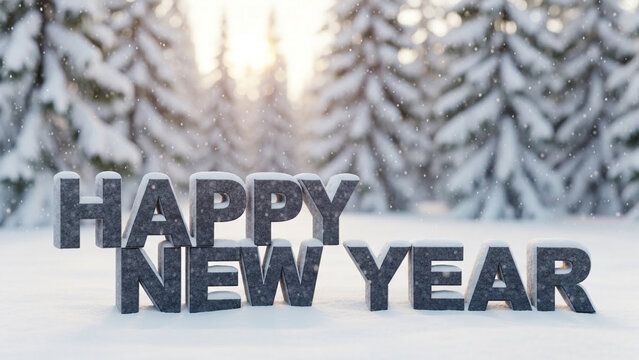 Happy new year text in snow with winter forest background