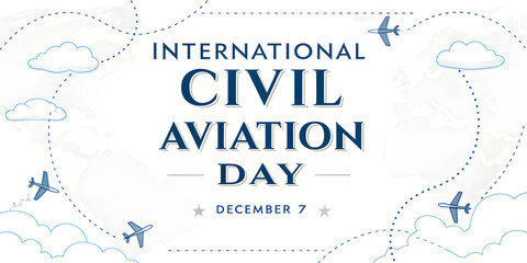 International Civil Aviation Day with airplanes and clouds on white background