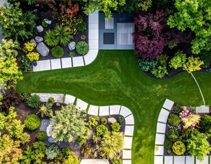 Aerial view of a beautifully landscaped garden with lush greenery and stone paths