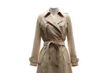 Elegant Beige Trench Coat on Mannequin Against Dark Backdrop, Classic and Timeless Style