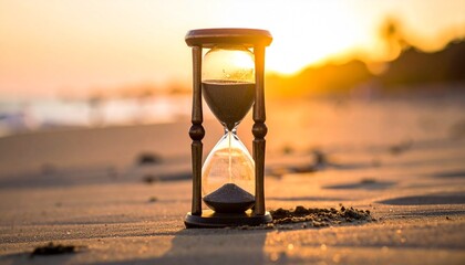 Hourglass on Desert Sand During Sunset with Flowing Sand and Distant Mountains in Serene Landscape