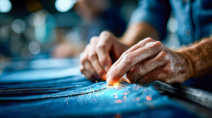 Close-up of skilled hands sewing denim fabric, with tiny sparks flying from the needlework process