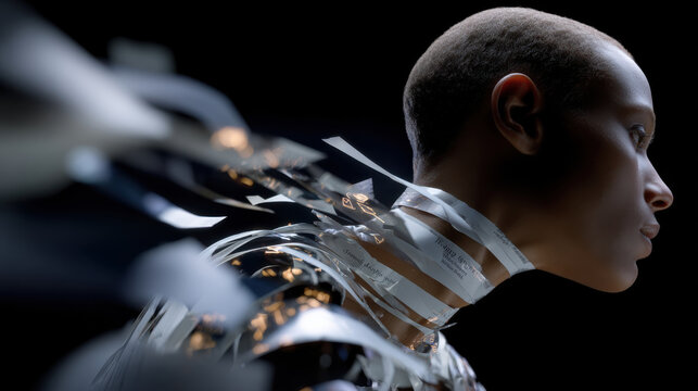 An artistic representation of a human figure enveloped in flowing metallic ribbons, symbolizing transformation and the blend of technology with human identity and emotion.