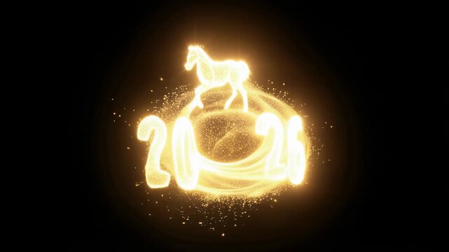 Magical golden particles colliding to form a glowing Horse silhouette, symbolizing the Lunar New Year 2026 and Chinese zodiac celebration