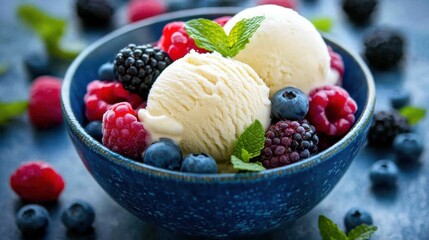 A vibrant bowl of mixed berries and vanilla ice cream, garnished with fresh mint leaves, creating a delightful and refreshing dessert experience