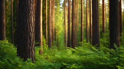 Obraz premium Lush green forest with tall trees and sunlit ferns creating a serene atmosphere.