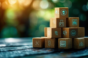 Hand building sustainable digital growth with eco technology wooden blocks.