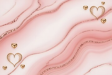 Pink marble background with rose gold glitter veins and golden hearts.