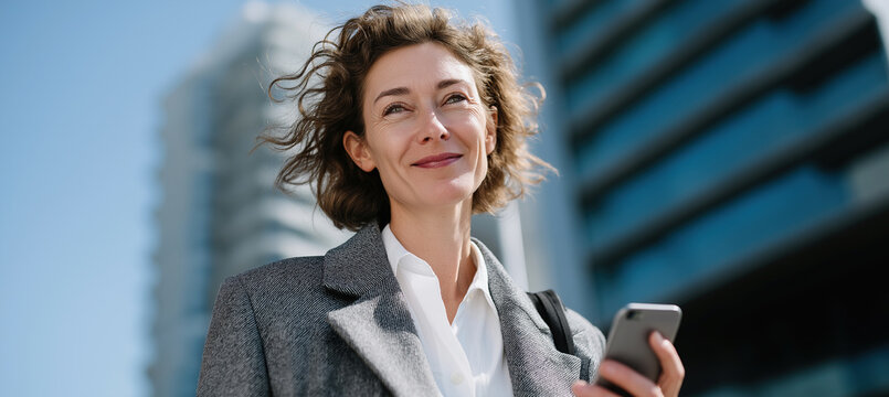 Curly-haired executive walks city street using smartphone near contemporary offices.