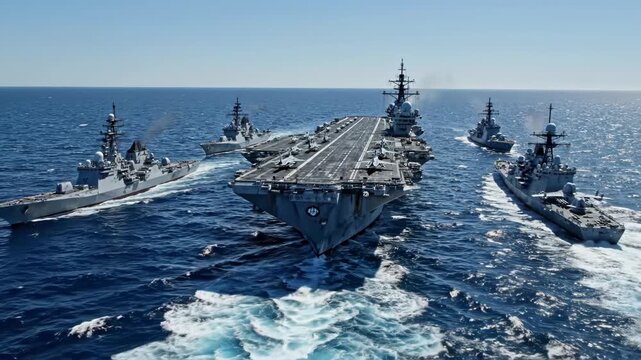 A massive aircraft carrier leads a naval strike group of destroyers sailing in formation across the deep blue ocean under a clear sky