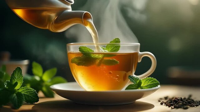 Steaming herbal tea with fresh mint leaves, creating a calming and peaceful vibe
