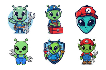 Alien Mechanic Cartoon Set Vector Illustration