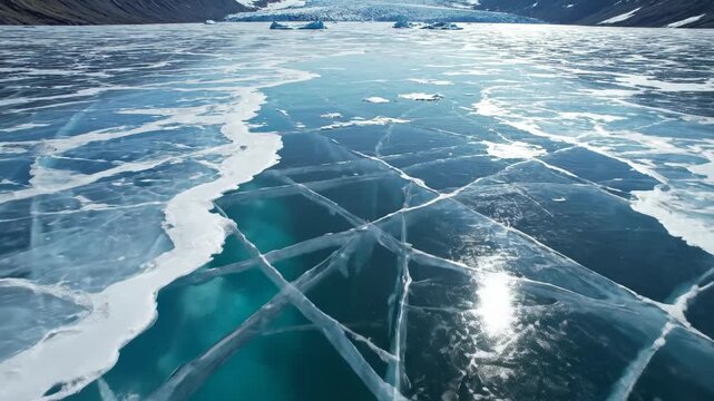 Aerial drone shot sweeping slowly over a vast expanse of partially frozen translucent ice cracks covering deep blue glacial water in an arctic environment water surface, global warming, remote
