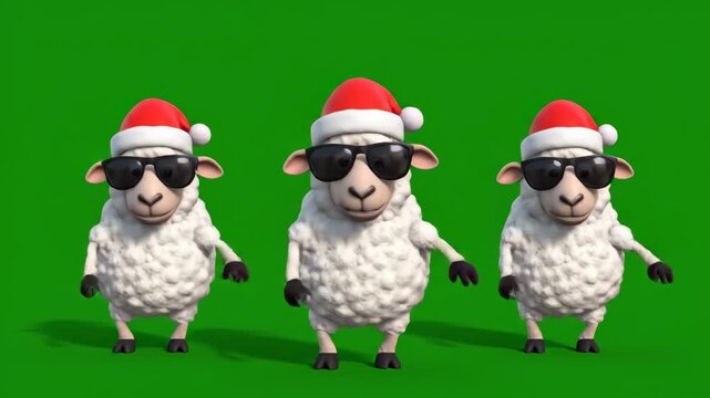 Funny Christmas Sheep Dancing on Green Screen - Three goofy 3D cartoon sheep characters wearing Santa hats and sunglasses are hopping and dancing on a green screen background.