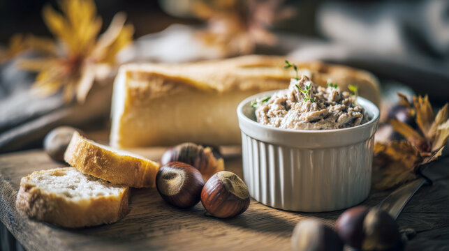 bowl of creamy, savory meat spread pate served with crusty bread and chestnuts on a wood board. Conveys autumn food, fall harvest, french cuisine, charcuterie, appetizers, rustic dining, comfort food. - Powered by Adobe
