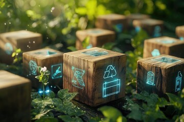 Hand building sustainable digital growth with eco technology wooden blocks.
