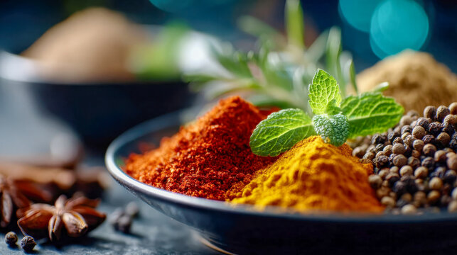 A vibrant assortment of colorful ground spices and peppercorns arranged with fresh mint leaves