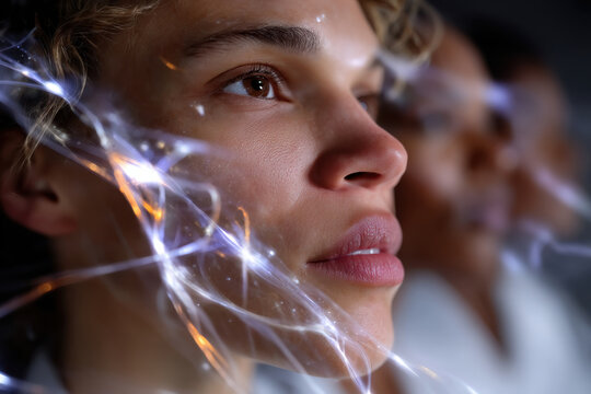 A close-up of a contemplative woman’s face, captured with artistic light effects, reflecting deep inner emotions and human connections, evoking thoughts and feelings.