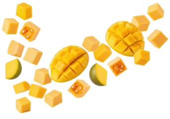 Bright yellow, freshly diced mango and butternut squash pieces dynamically falling in mid-air, isolated against a brilliant transparent seamless background with copy space, concept for healthy food