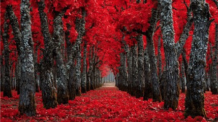 Misty and Dark Hilly Red Forest Landscape, Mysterious Autumn Woods, Moody Nature Scenery, Wide Shot of a Rugged Path Winding Through a Dark Forest Dominated by Red Leaves and Fog.