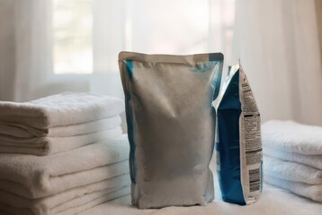 Laundry detergent pouches and fresh white towels, symbolizing cleanliness and home care.