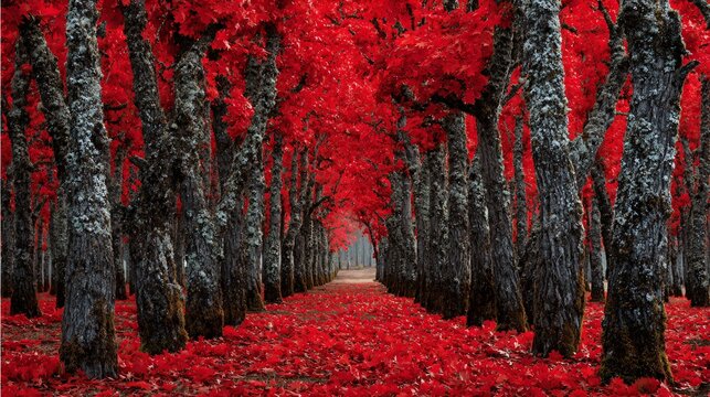 Misty and Dark Hilly Red Forest Landscape, Mysterious Autumn Woods, Moody Nature Scenery, Wide Shot of a Rugged Path Winding Through a Dark Forest Dominated by Red Leaves and Fog. - Powered by Adobe