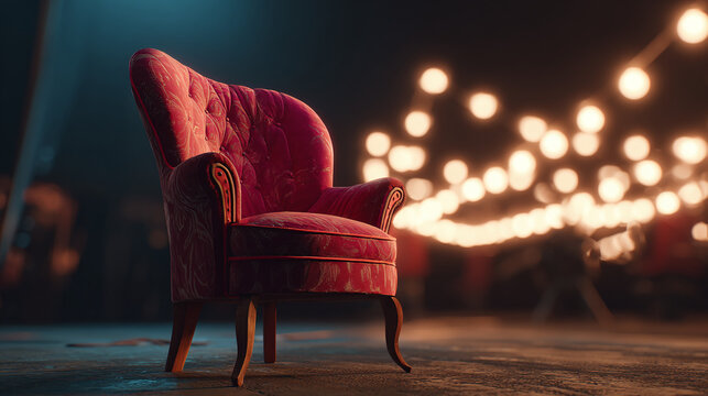 A lone red armchair sits gracefully, illuminated by a warm glow