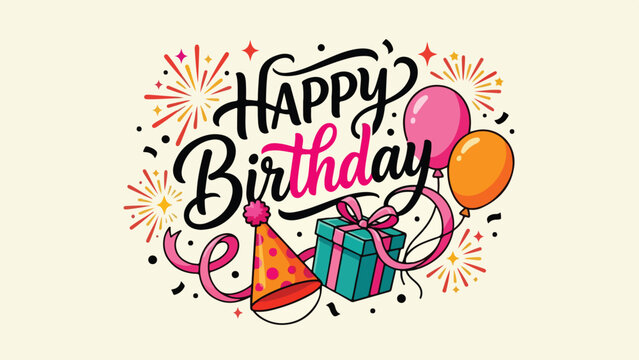 Colorful Happy Birthday Celebration with Balloons and Gifts.