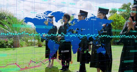 Graduates standing on lawn reacting to peer pointing, clapping and smiling with moving data graphs