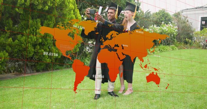 Man grabbing phone, taking selfie with woman with diploma celebrating graduation under orange map
