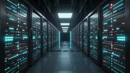 Futuristic data center aisle with glowing server racks and digital information streams technology network - Powered by Adobe
