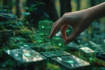 Human hand interacting with futuristic green eco technology data interface.